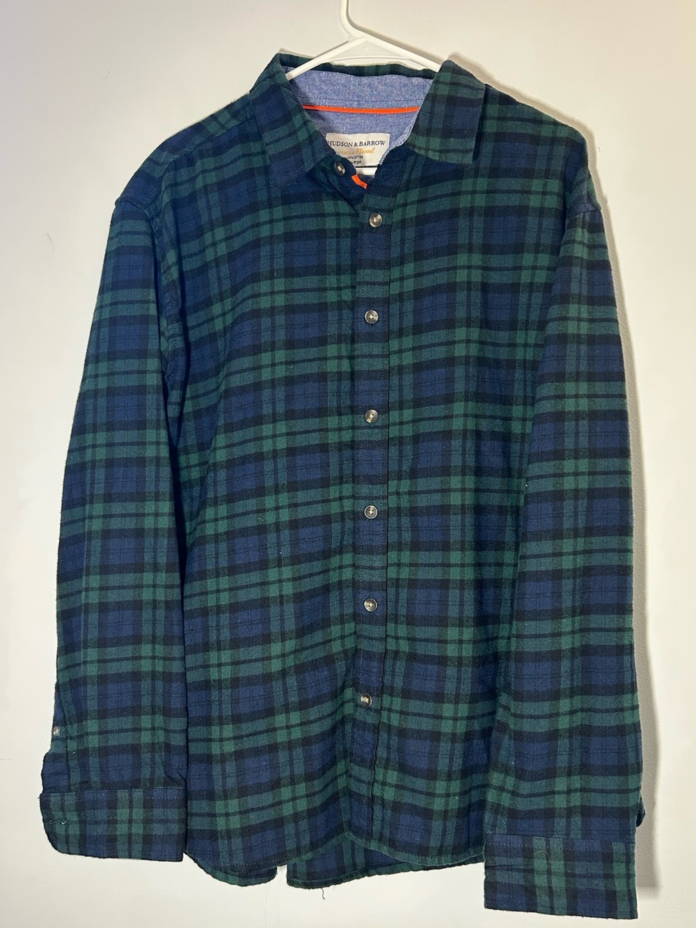 Men's Hudson & Barrow Green and Navy Plaid Flannel Button-Up Shirt